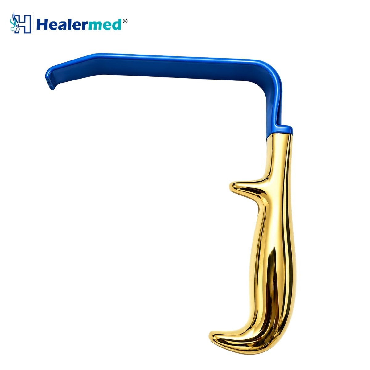 Insulated Tebbetts toothed breast retractor with non-conductive blue coating for safe plastic surgery electrosurgery.