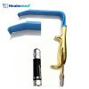 Insulated Tebbetts breast retractor with toothed blade and fiber optic light guide for plastic surgery.