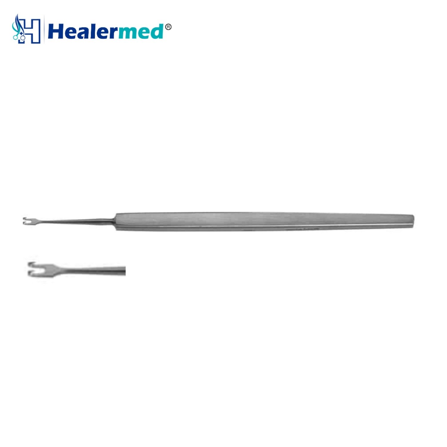 Stainless steel Guthrie double retractor skin hook highlighting the sharp twin prong tips and ergonomic flat handle
