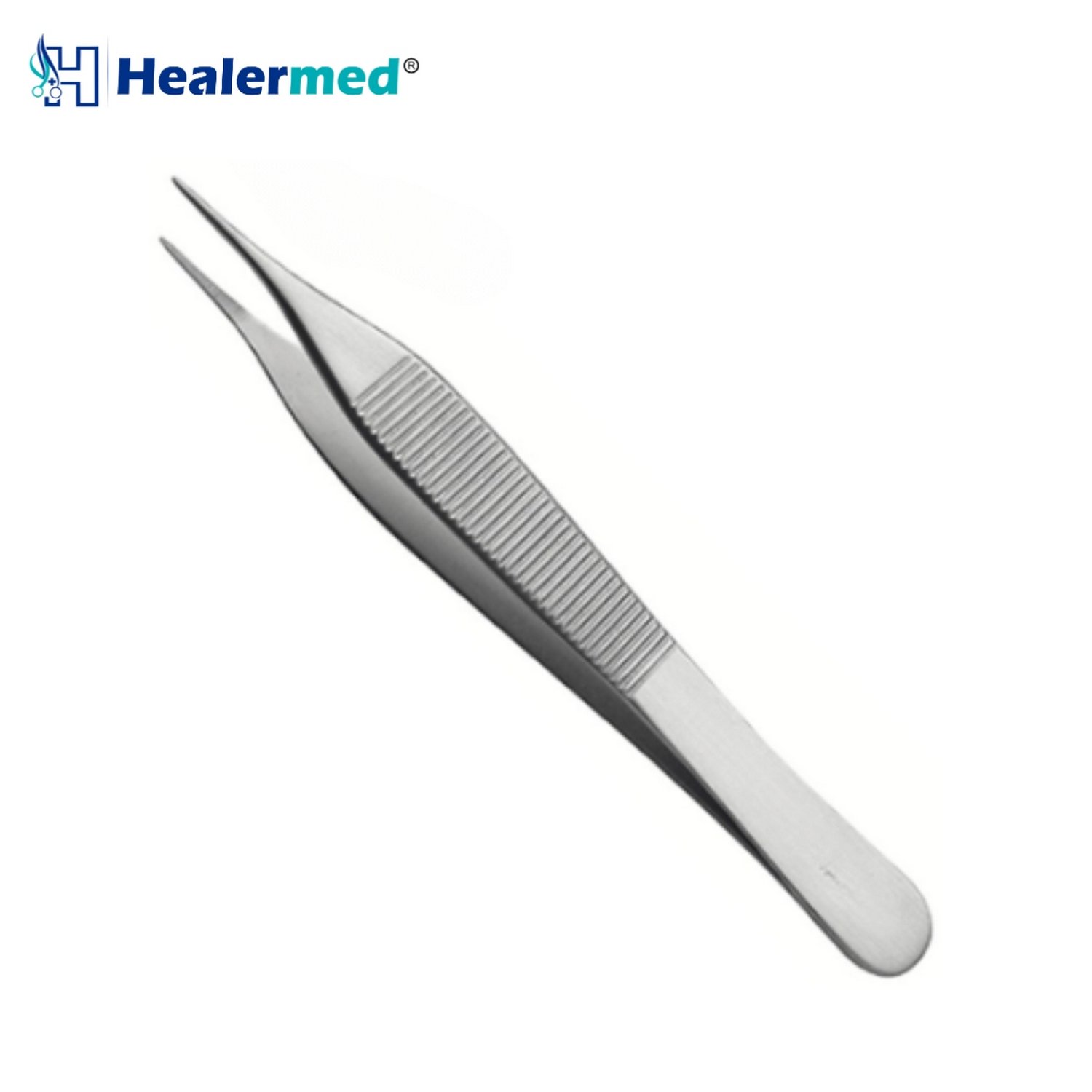 Straight delicate Adson tissue forceps showing close-up view of the fine serrated tips