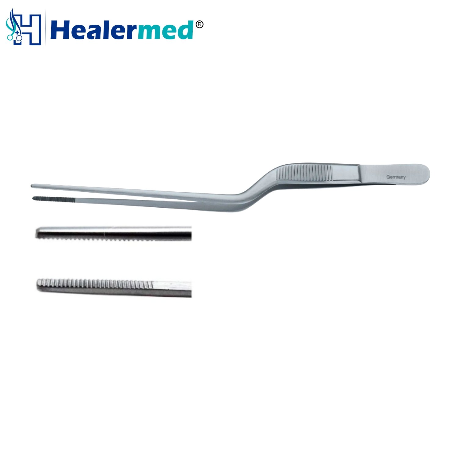 Stainless steel Gruenwald Jansen bayonet nasal forceps showing the offset handle design and serrated tips